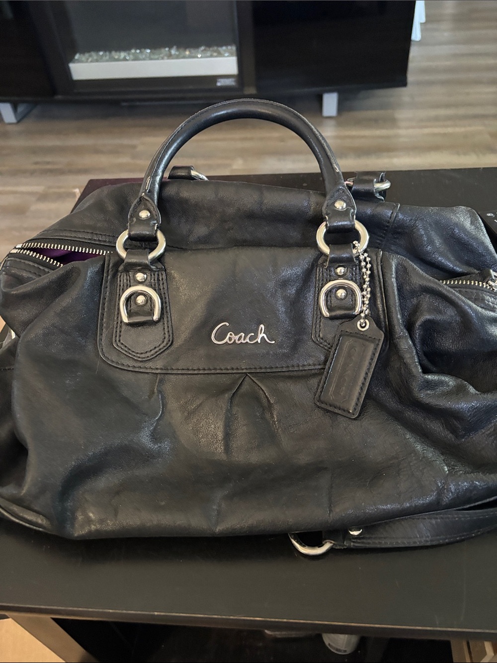 Coach Black Leather Carryall with Silver-Tone Details